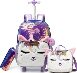Meetbelify Unicorn Rolling Backpack for Girls Backpacks with Wheels for Elementary School Students Kids 3 in 1 Wheels Backpack with Lunch Box Pencil Case for Girls Age 8-10