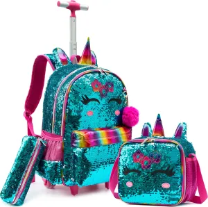 Meetbelify Unicorn Rolling Backpack with Wheels for Girls Kids Sequin Travel Luggage Rolling Duffle Bag with Lunch Box Pencil Case for Girls Ages 6-8 Years Old