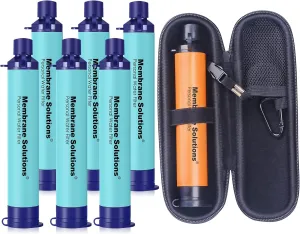 Membrane Solutions Upgrade 5 Stage Blue Water Filter Straw 6 Pack and 0.1-Micron Orange Personal Water Filter with A Travel Case Cover, Portable Water Purifier for Hiking Camping Backpacking