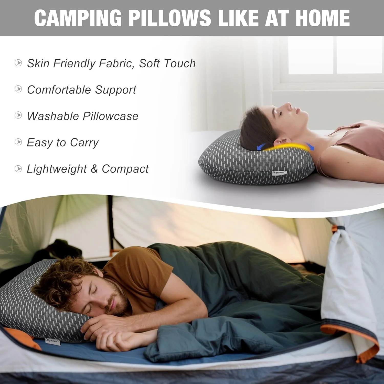 Memory Foam Camping Pillow, Portable Travel Pillow with Breathable Detachable Pillowcase, Compact & Lightweight for Camping, Hiking, Backpacking, Airplane Travel, Includes Storage Bag