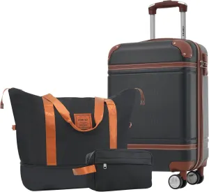 Merax 20 IN Luggage with Bags, Suitcase with Spinner Wheels, Carry on Luggage with TSA Lock Lightweight Vintage Luggage(Black)