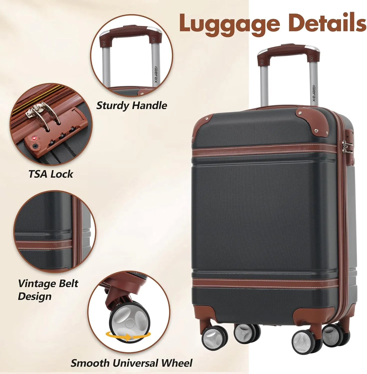 Merax 20 IN Luggage with Bags, Suitcase with Spinner Wheels, Carry on Luggage with TSA Lock Lightweight Vintage Luggage(Black)