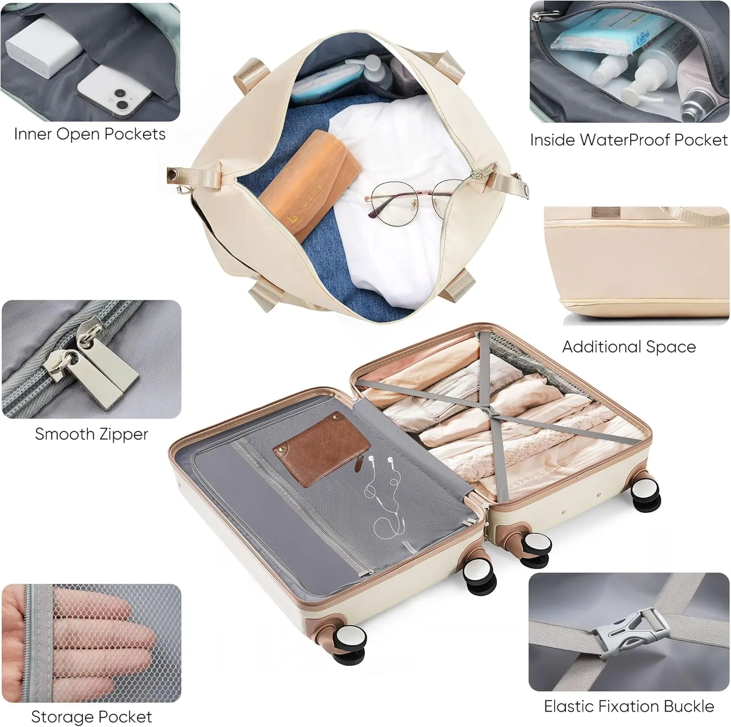 Merax 2Pc Luggage Set with Spinner Wheels with TSA Lock USB Port, White and Brown, 20 Inch with Travel Bag