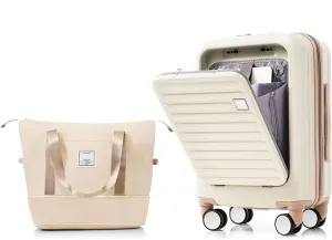 Merax 2Pc Luggage Set with Spinner Wheels with TSA Lock USB Port, White and Brown, 20 Inch with Travel Bag