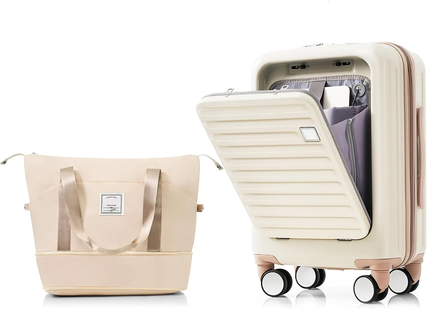 Merax 2Pc Luggage Set with Spinner Wheels with TSA Lock USB Port, White and Brown, 20 Inch with Travel Bag