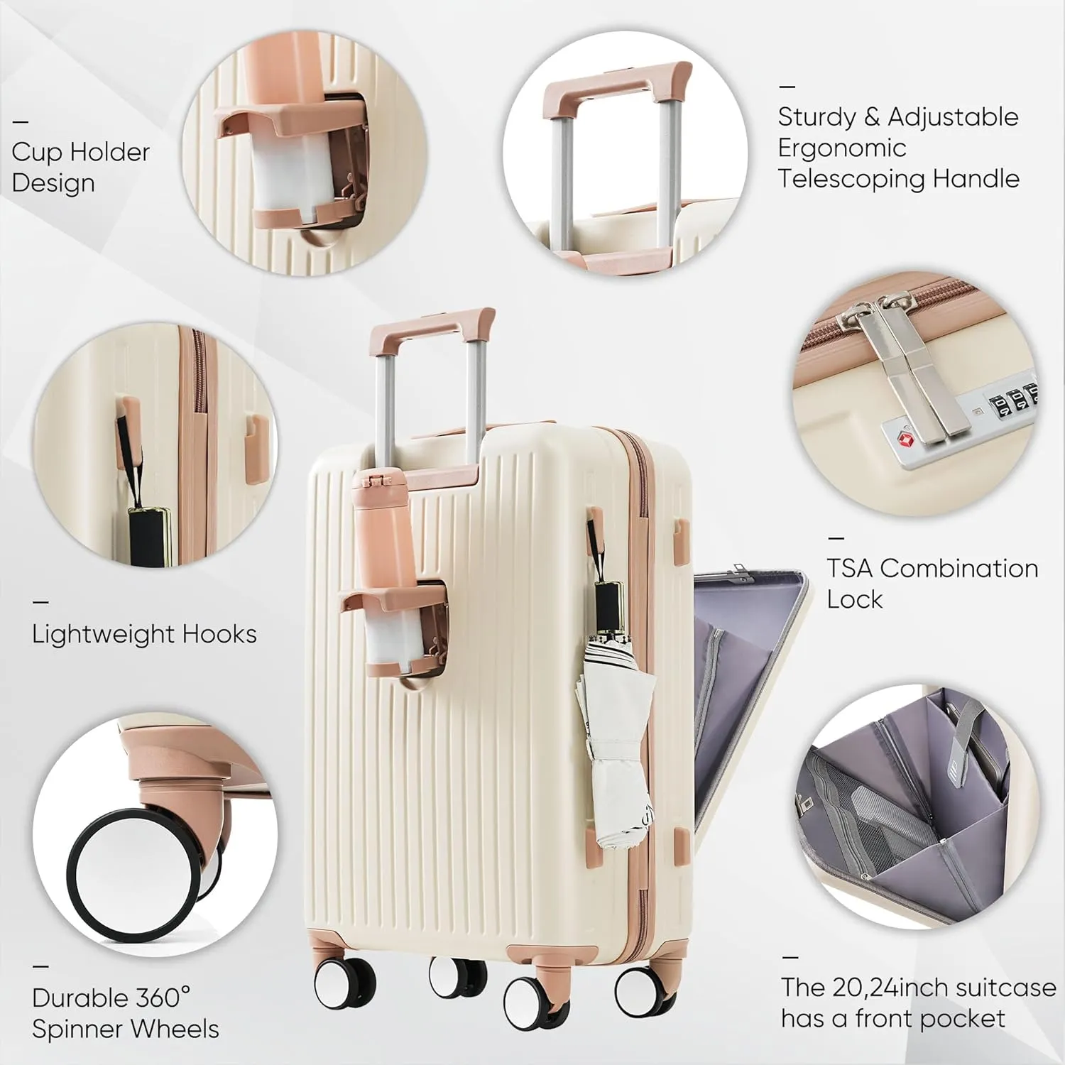 Merax 2Pc Luggage Set with Spinner Wheels with TSA Lock USB Port, White and Brown, 20 Inch with Travel Bag