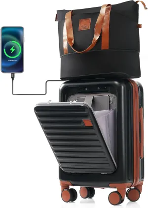 Merax Cup Holder and USB Port Luggage with Cosmetic Carry, Black, 20 in & Travel Bag
