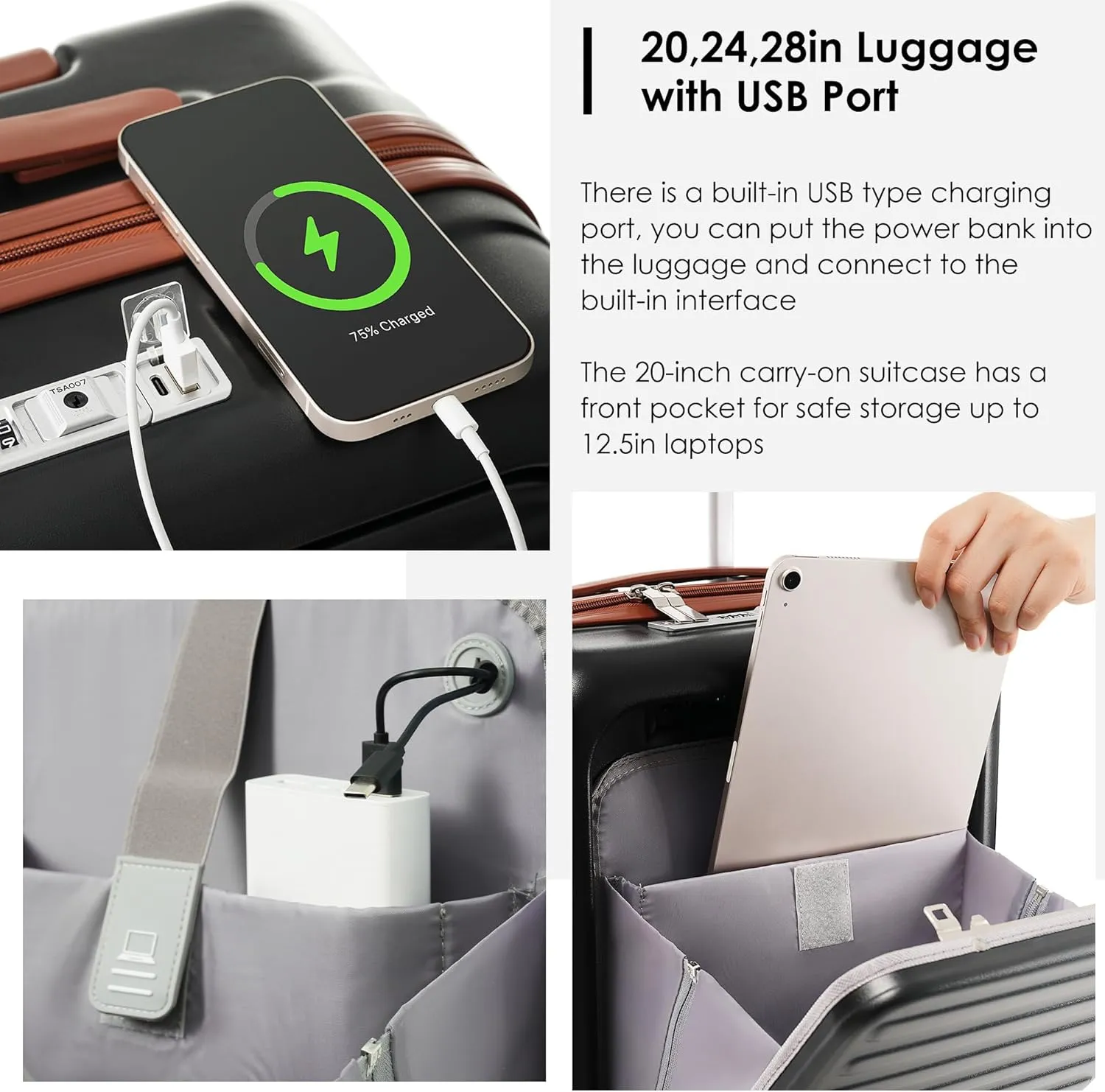 Merax Cup Holder and USB Port Luggage with Cosmetic Carry, Black, 20 in & Travel Bag