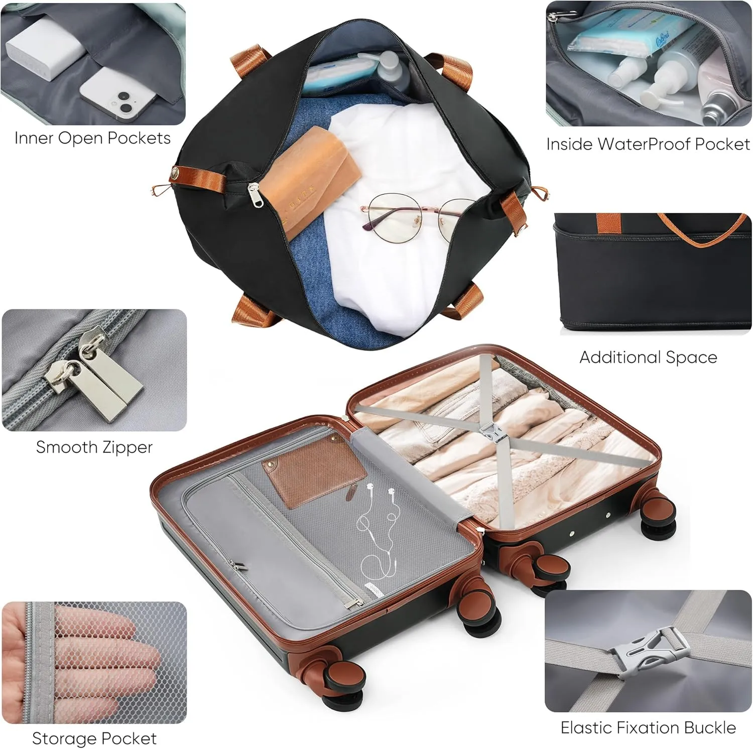 Merax Cup Holder and USB Port Luggage with Cosmetic Carry, Black, 20 in & Travel Bag