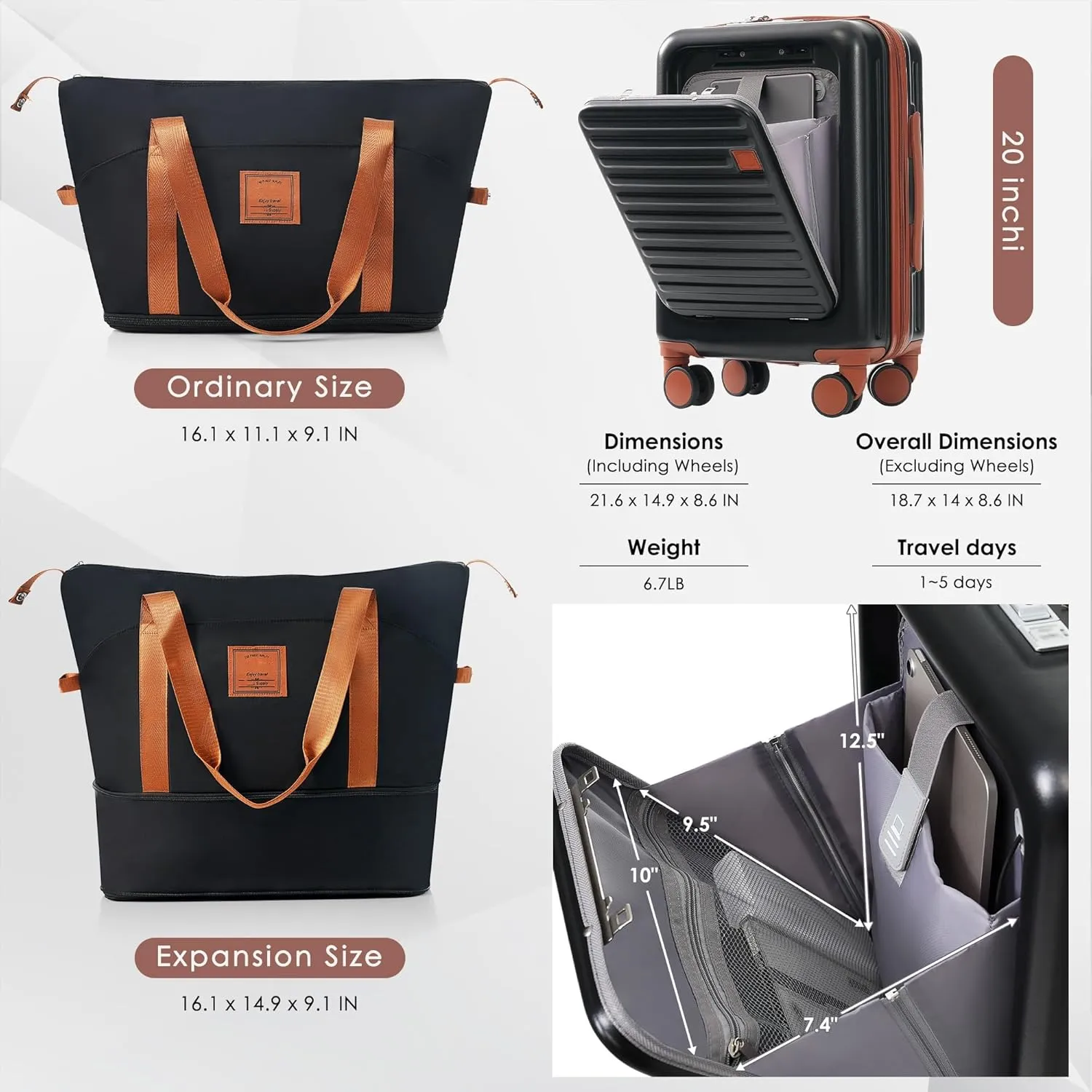 Merax Cup Holder and USB Port Luggage with Cosmetic Carry, Black, 20 in & Travel Bag