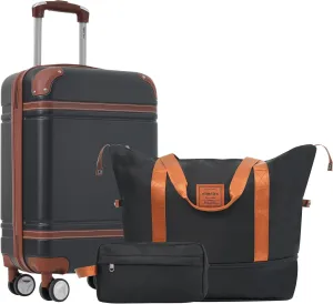 Merax Luggage Set,20 IN Hardside Suitcase with Duffel Bags,3 Piece Luggage with Spinner Wheels, Vintage Luggage with TSA Lock Lightweight,(Black)