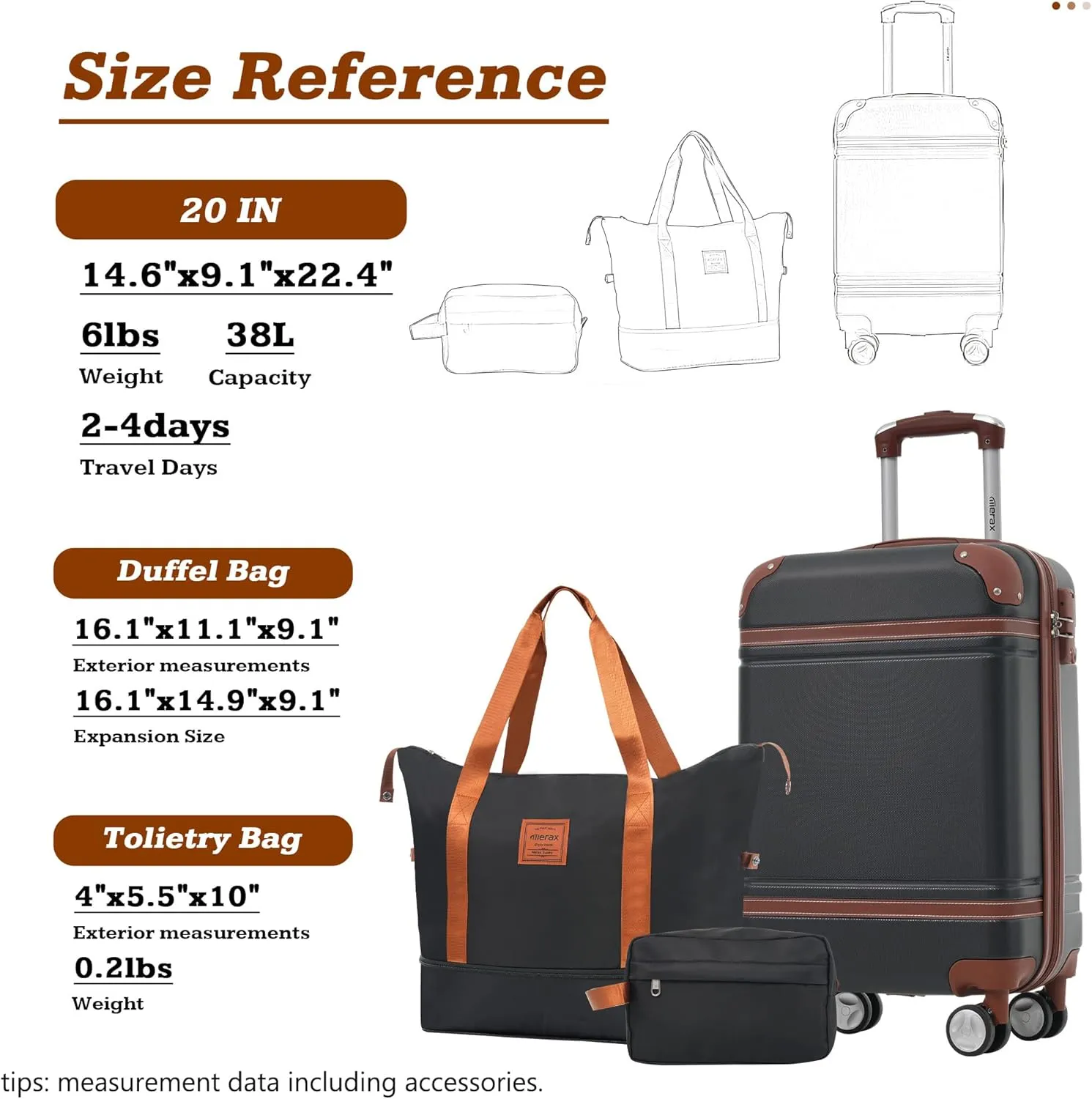 Merax Luggage Set,20 IN Hardside Suitcase with Duffel Bags,3 Piece Luggage with Spinner Wheels, Vintage Luggage with TSA Lock Lightweight,(Black)