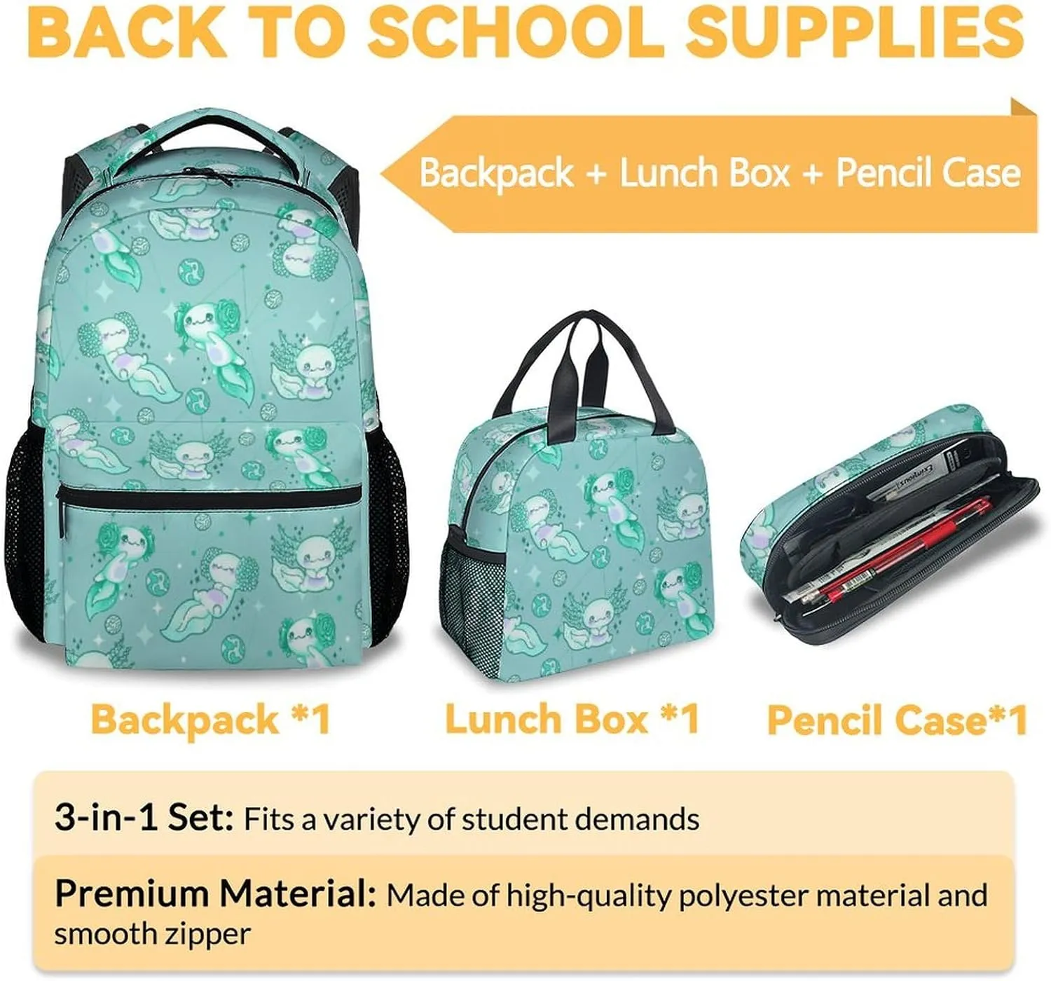Mercuryelf Axolotl Girls Backpack with Lunch Box Set, 3 in 1 School Travel Backpacks Matching Combo, Cute Emerald Green Bookbag and Pencil Case Bundle