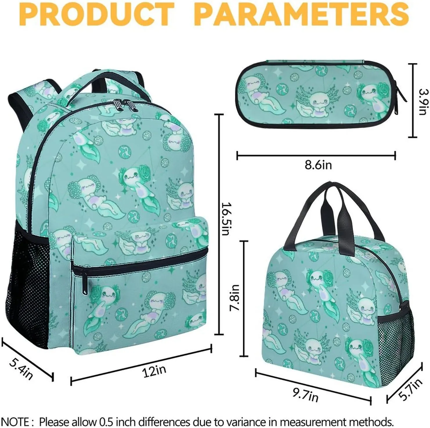 Mercuryelf Axolotl Girls Backpack with Lunch Box Set, 3 in 1 School Travel Backpacks Matching Combo, Cute Emerald Green Bookbag and Pencil Case Bundle