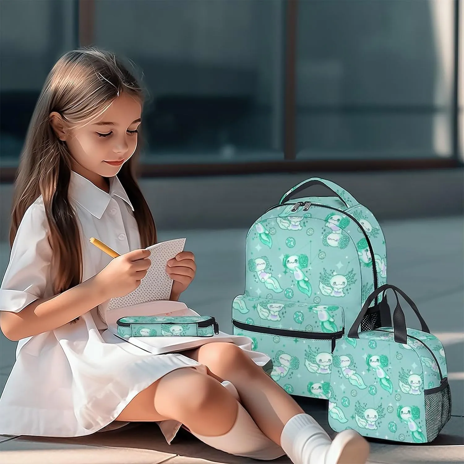 Mercuryelf Axolotl Girls Backpack with Lunch Box Set, 3 in 1 School Travel Backpacks Matching Combo, Cute Emerald Green Bookbag and Pencil Case Bundle