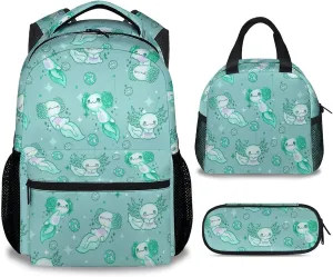 Mercuryelf Axolotl Girls Backpack with Lunch Box Set, 3 in 1 School Travel Backpacks Matching Combo, Cute Emerald Green Bookbag and Pencil Case Bundle