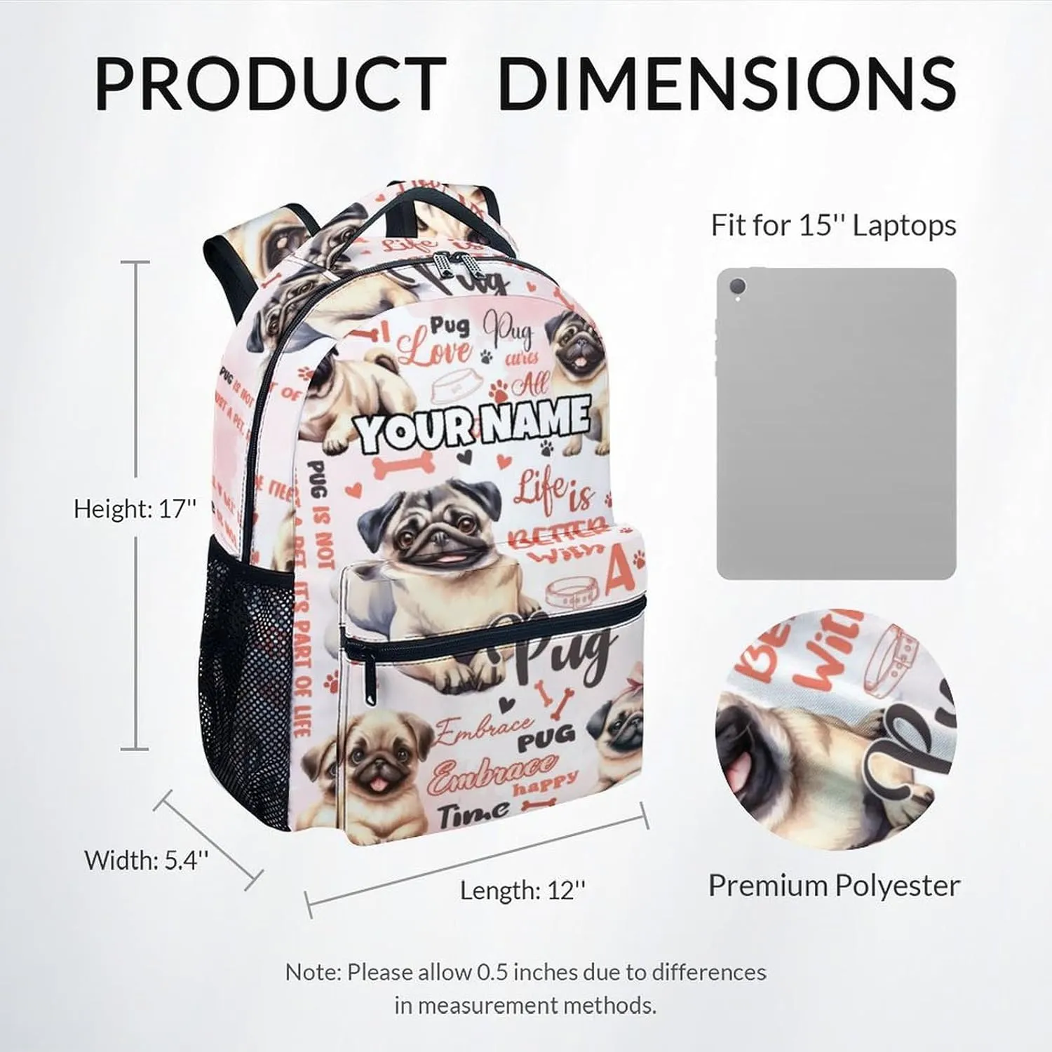 Mercuryelf Backpack for Girls - 17 Inch Pug Backpacks for School - Custom Cute Dog Bookbag for Teen Boys - Lightweight Durable School Bag