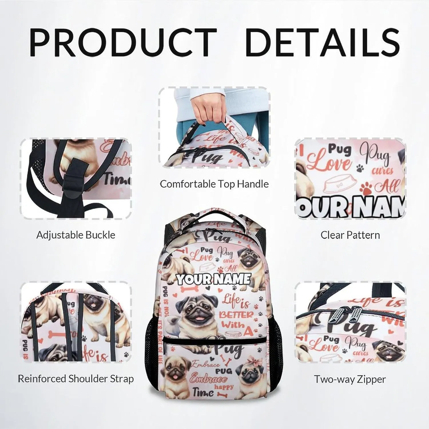 Mercuryelf Backpack for Girls - 17 Inch Pug Backpacks for School - Custom Cute Dog Bookbag for Teen Boys - Lightweight Durable School Bag