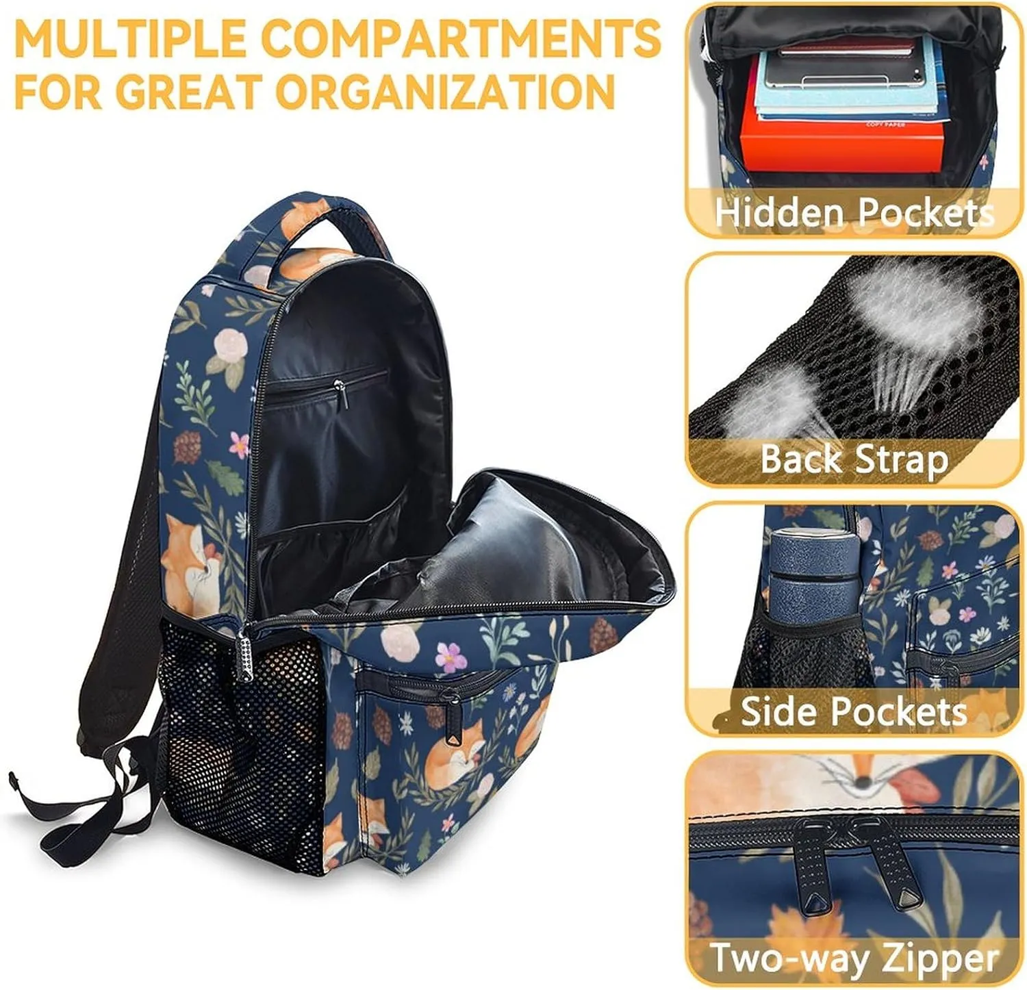 Mercuryelf Fox Backpack for Girls Boys, 16 Inch Dark Blue Backpacks for School Travel, Aesthetic Lightweight Bookbag for Kids