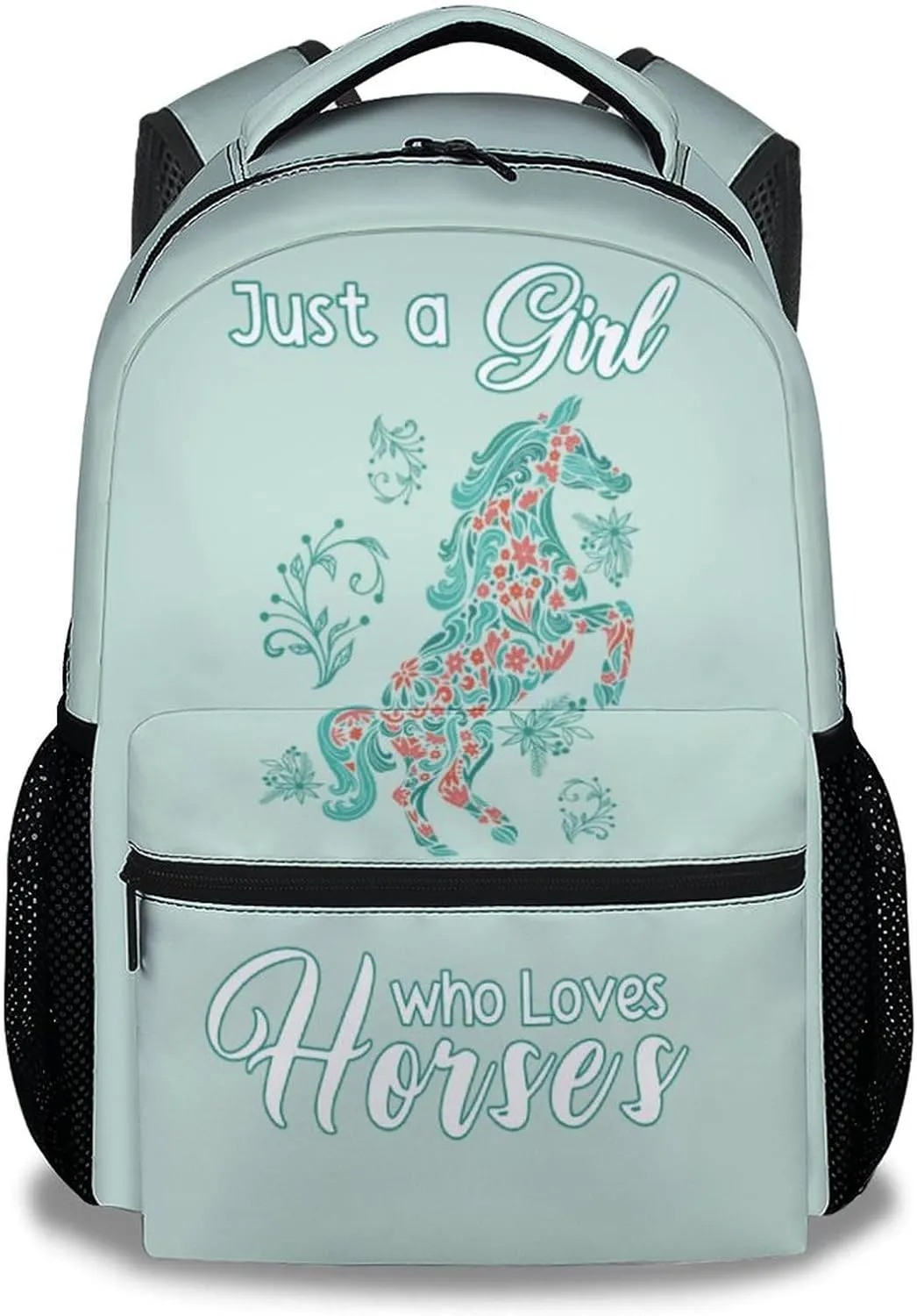 Mercuryelf Horse Backpack for Girls, 16 Inches Mint Green Backpacks for School, Fashion Just a Girl Who Loves Horses Bookbag for Kids