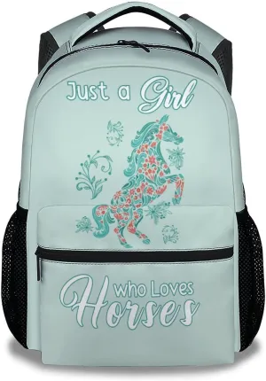 Mercuryelf Horse Backpack for Girls, 16 Inches Mint Green Backpacks for School, Fashion Just a Girl Who Loves Horses Bookbag for Kids