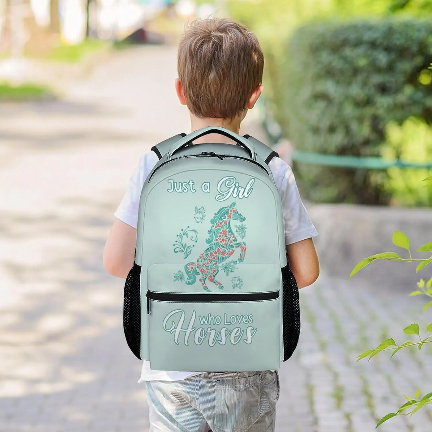 Mercuryelf Horse Backpack for Girls, 16 Inches Mint Green Backpacks for School, Fashion Just a Girl Who Loves Horses Bookbag for Kids