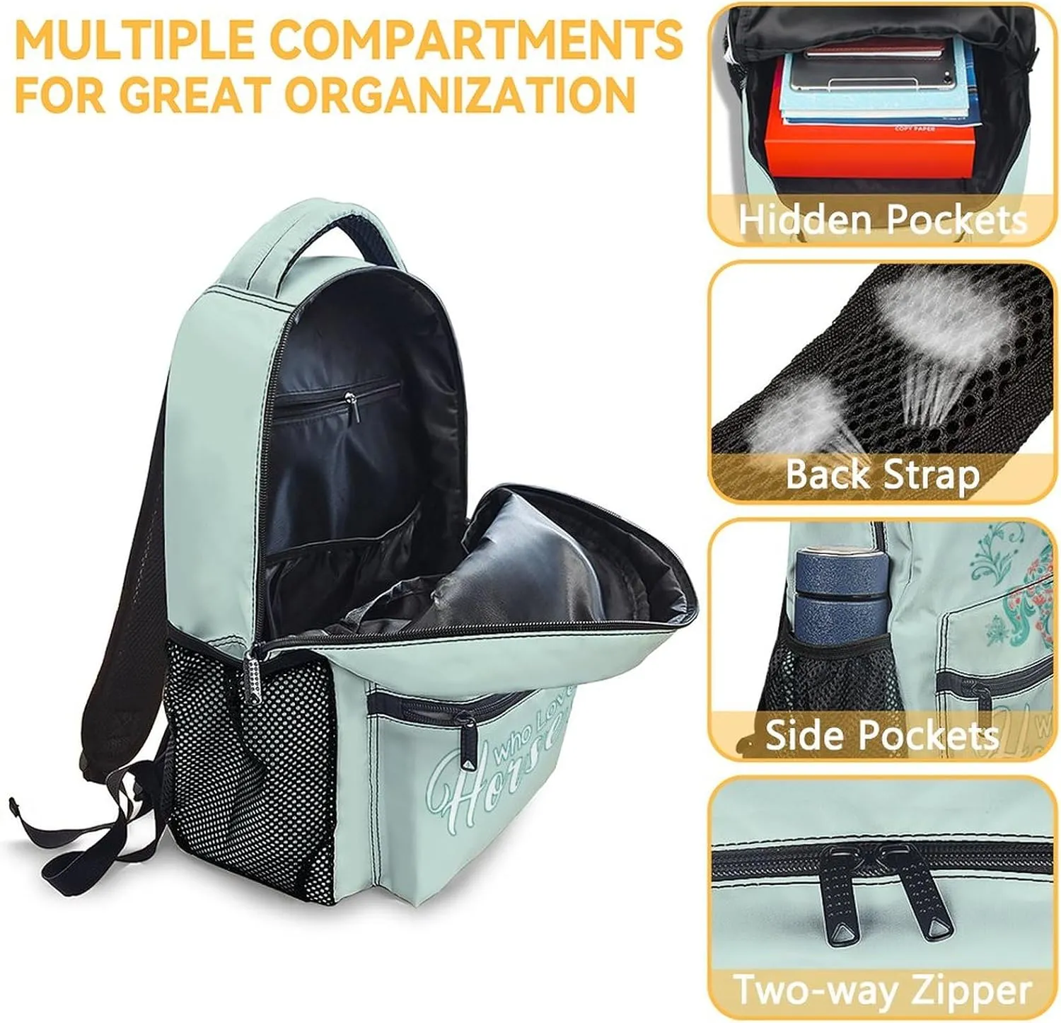 Mercuryelf Horse Backpack for Girls, 16 Inches Mint Green Backpacks for School, Fashion Just a Girl Who Loves Horses Bookbag for Kids