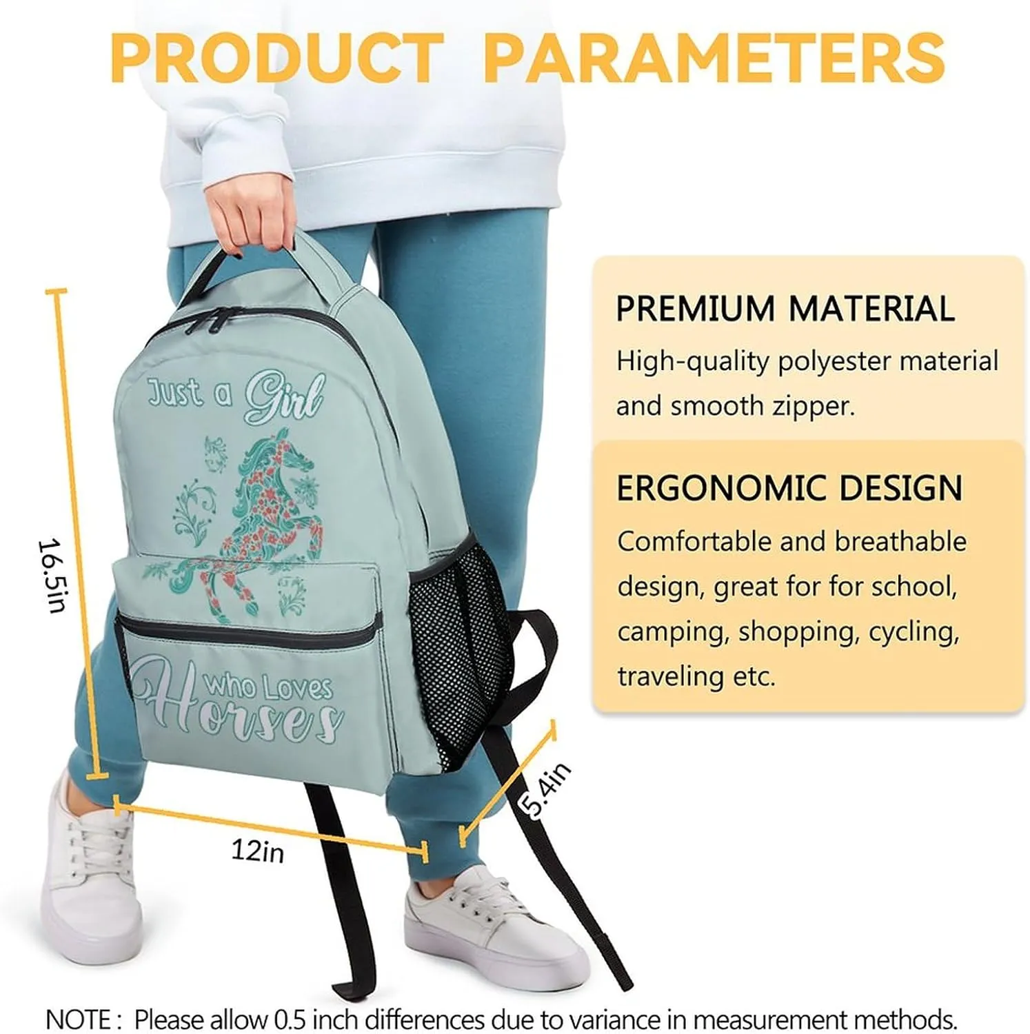 Mercuryelf Horse Backpack for Girls, 16 Inches Mint Green Backpacks for School, Fashion Just a Girl Who Loves Horses Bookbag for Kids
