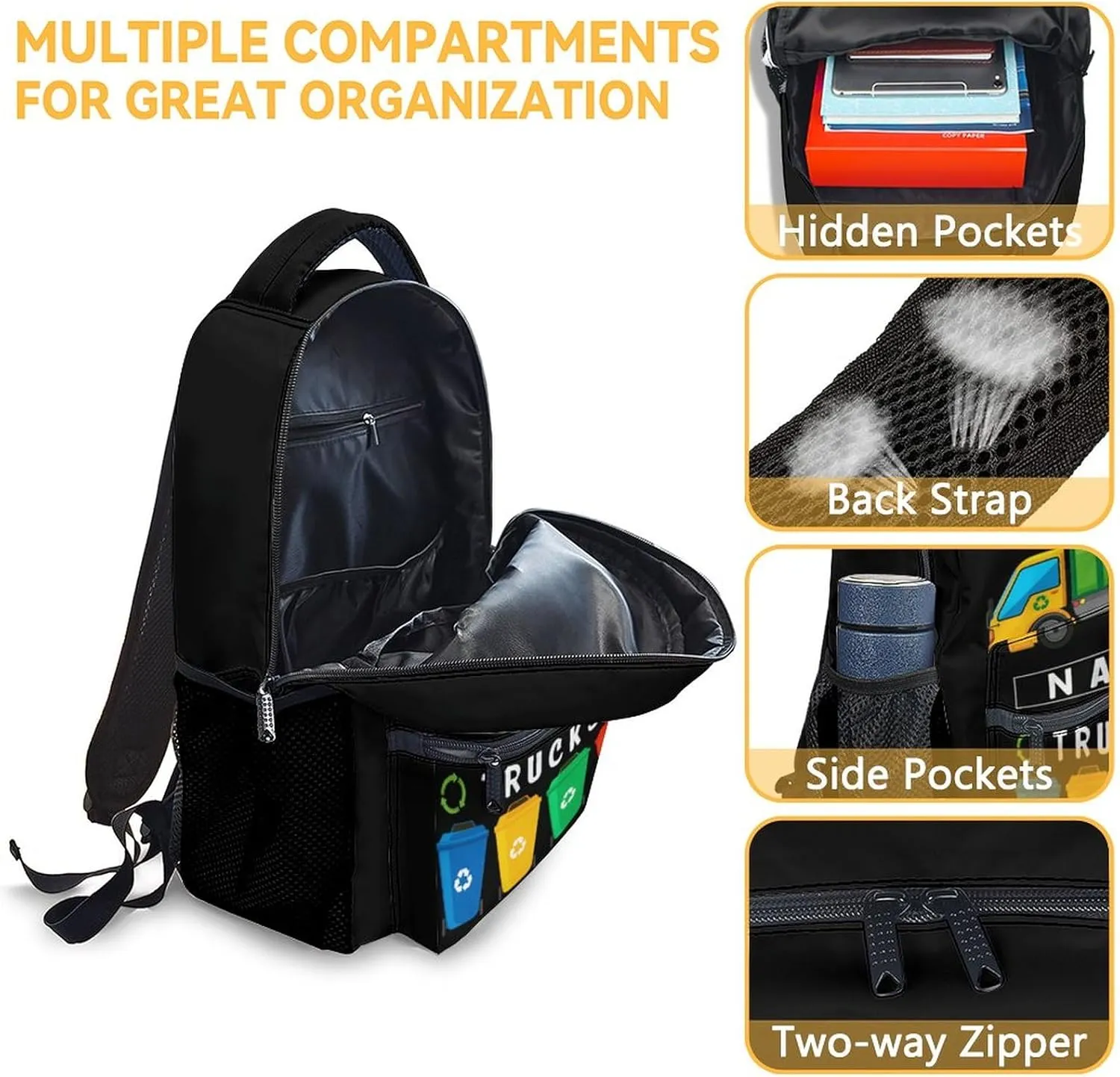 Mercuryelf Kid Backpack for Girls - 17 Inch Custom Black Lightweight Durable Kid Backpack - Large Capacity Garbage Truck Bookbag for School, Travel and Camp