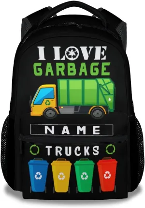 Mercuryelf Kid Backpack for Girls - 17 Inch Custom Black Lightweight Durable Kid Backpack - Large Capacity Garbage Truck Bookbag for School, Travel and Camp
