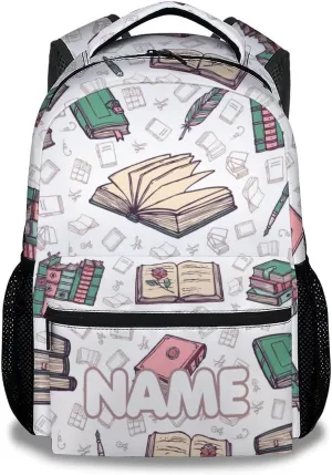 Mercuryelf Personalized Book Backpack for Girls Boys, 16 Inch Beige Backpacks for School, Fashion Lightweight Bookbag for Kids
