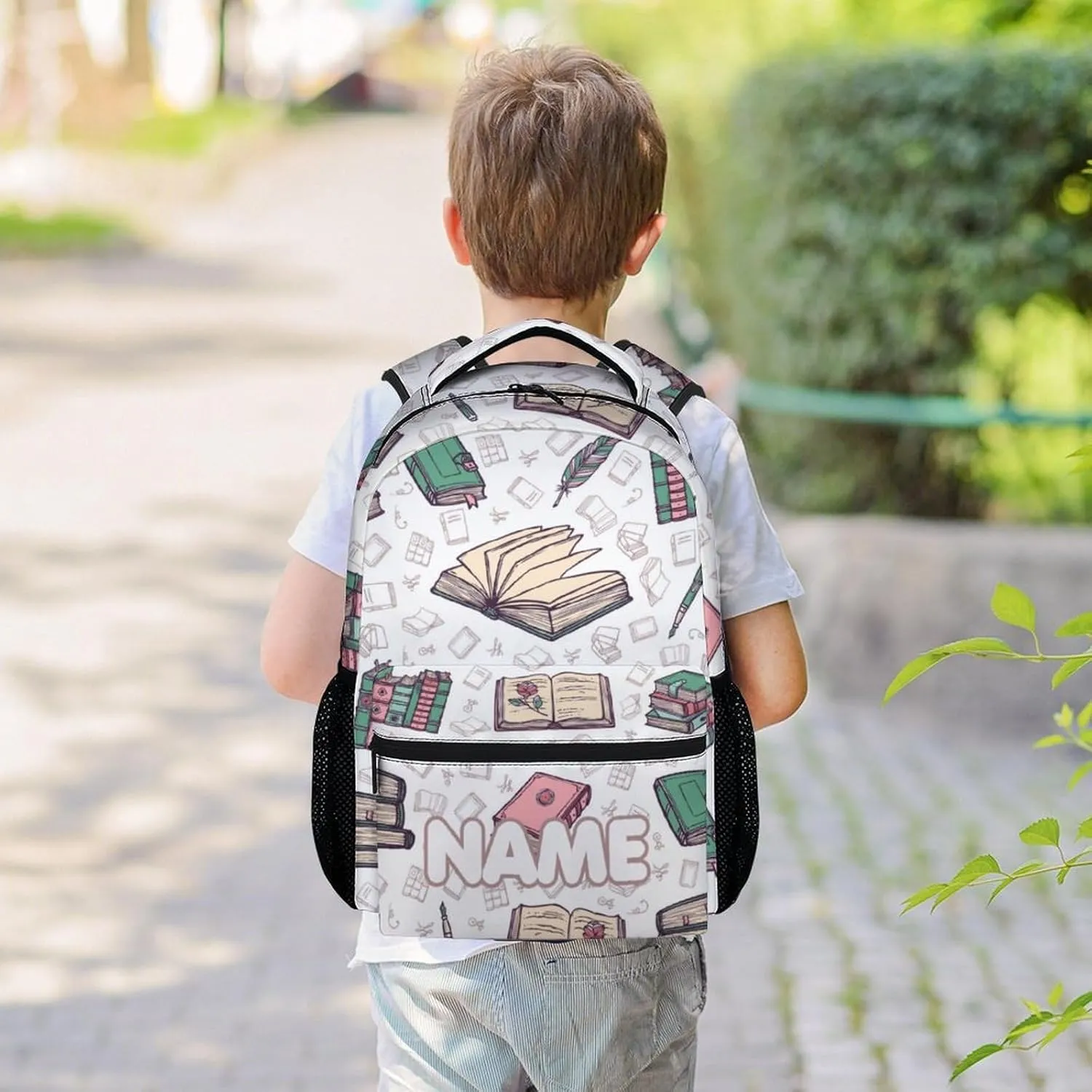 Mercuryelf Personalized Book Backpack for Girls Boys, 16 Inch Beige Backpacks for School, Fashion Lightweight Bookbag for Kids
