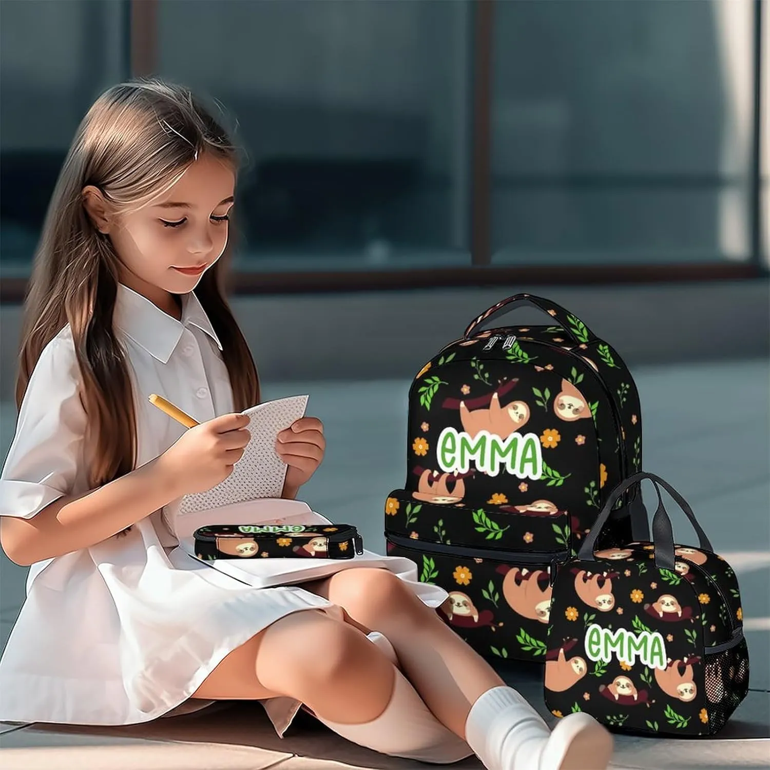 Mercuryelf Personalized Sloth Girls Boys Backpack with Lunch Box Set, 3 in 1 School Travel Backpacks Matching Combo, Cute Black Bookbag and Pencil Case Bundle