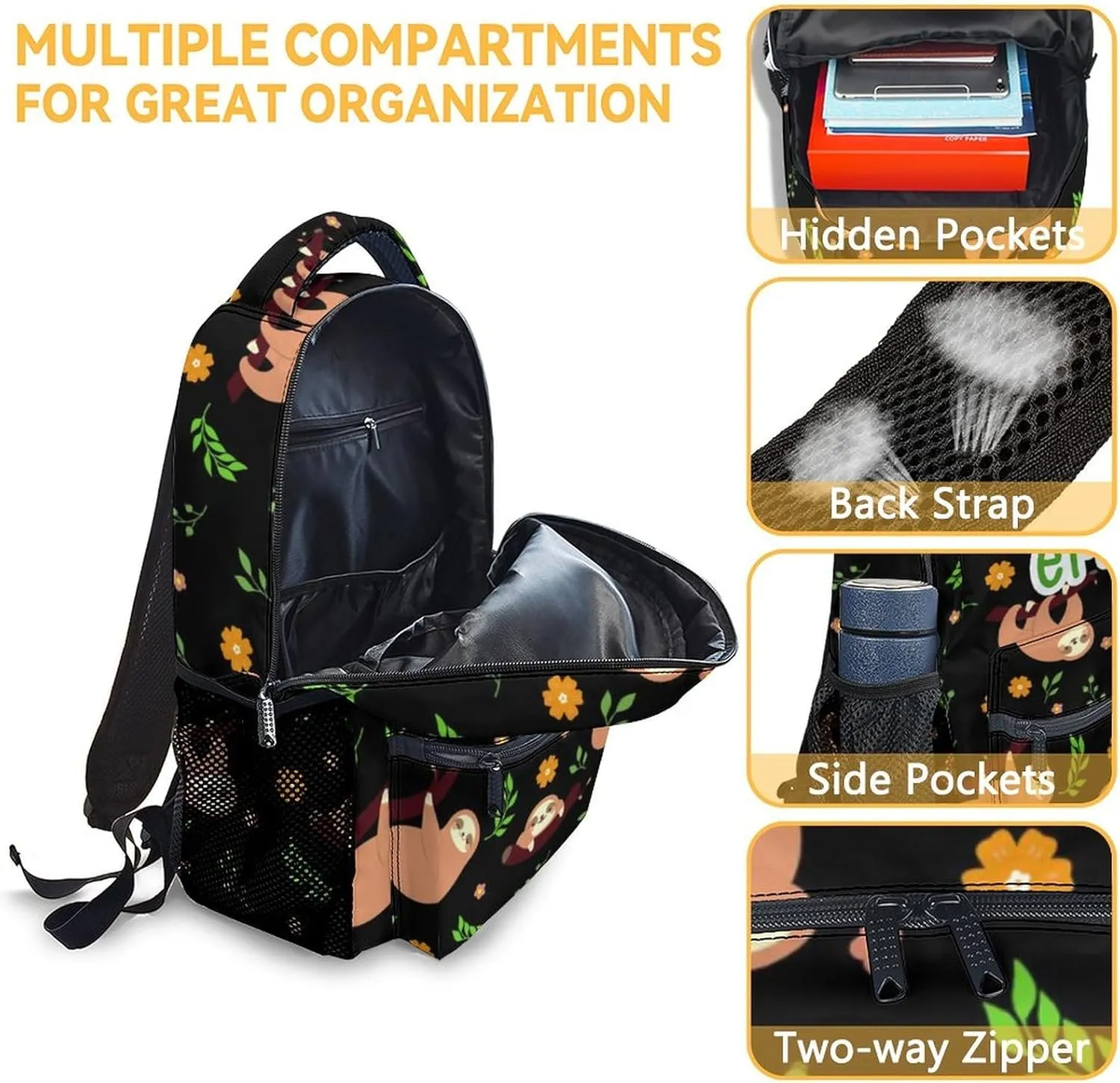 Mercuryelf Personalized Sloth Girls Boys Backpack with Lunch Box Set, 3 in 1 School Travel Backpacks Matching Combo, Cute Black Bookbag and Pencil Case Bundle