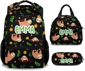 Mercuryelf Personalized Sloth Girls Boys Backpack with Lunch Box Set, 3 in 1 School Travel Backpacks Matching Combo, Cute Black Bookbag and Pencil Case Bundle