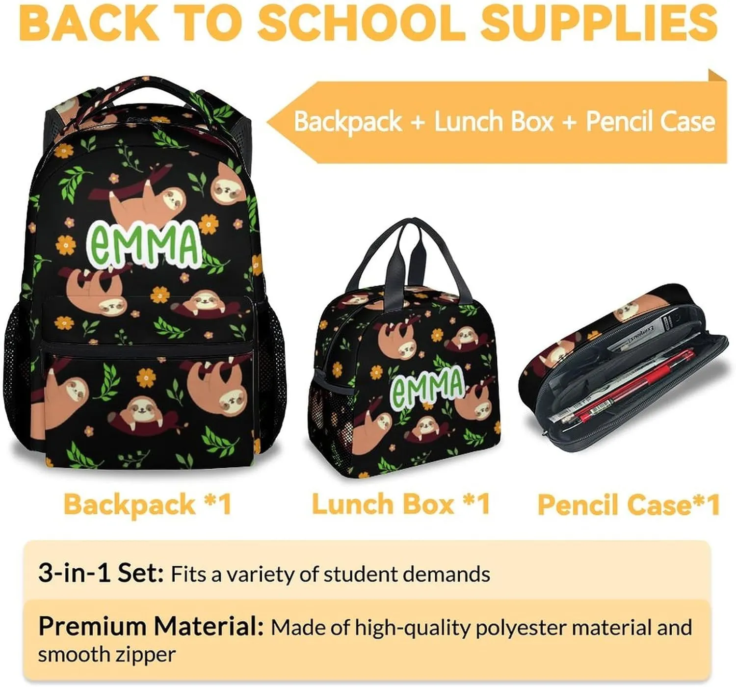 Mercuryelf Personalized Sloth Girls Boys Backpack with Lunch Box Set, 3 in 1 School Travel Backpacks Matching Combo, Cute Black Bookbag and Pencil Case Bundle