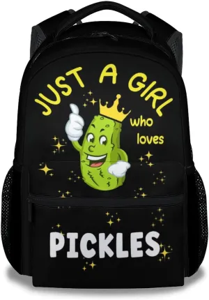 Mercuryelf Pickle Backpack for Girls - 16 Inch Just a Girl Who Loves Pickles Black Backpacks for School Travel - Funny Lightweight Bookbag for Kids