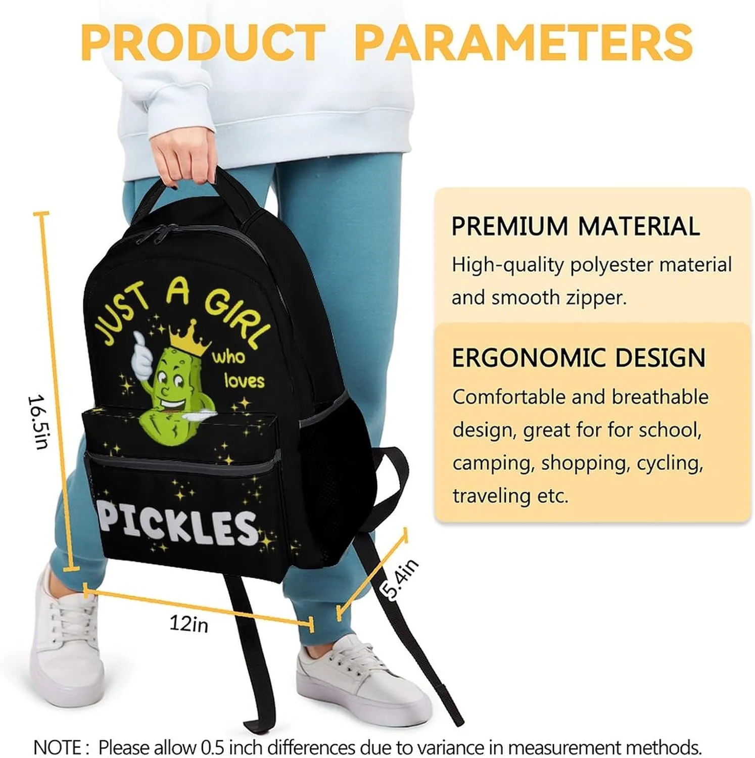 Mercuryelf Pickle Backpack for Girls - 16 Inch Just a Girl Who Loves Pickles Black Backpacks for School Travel - Funny Lightweight Bookbag for Kids
