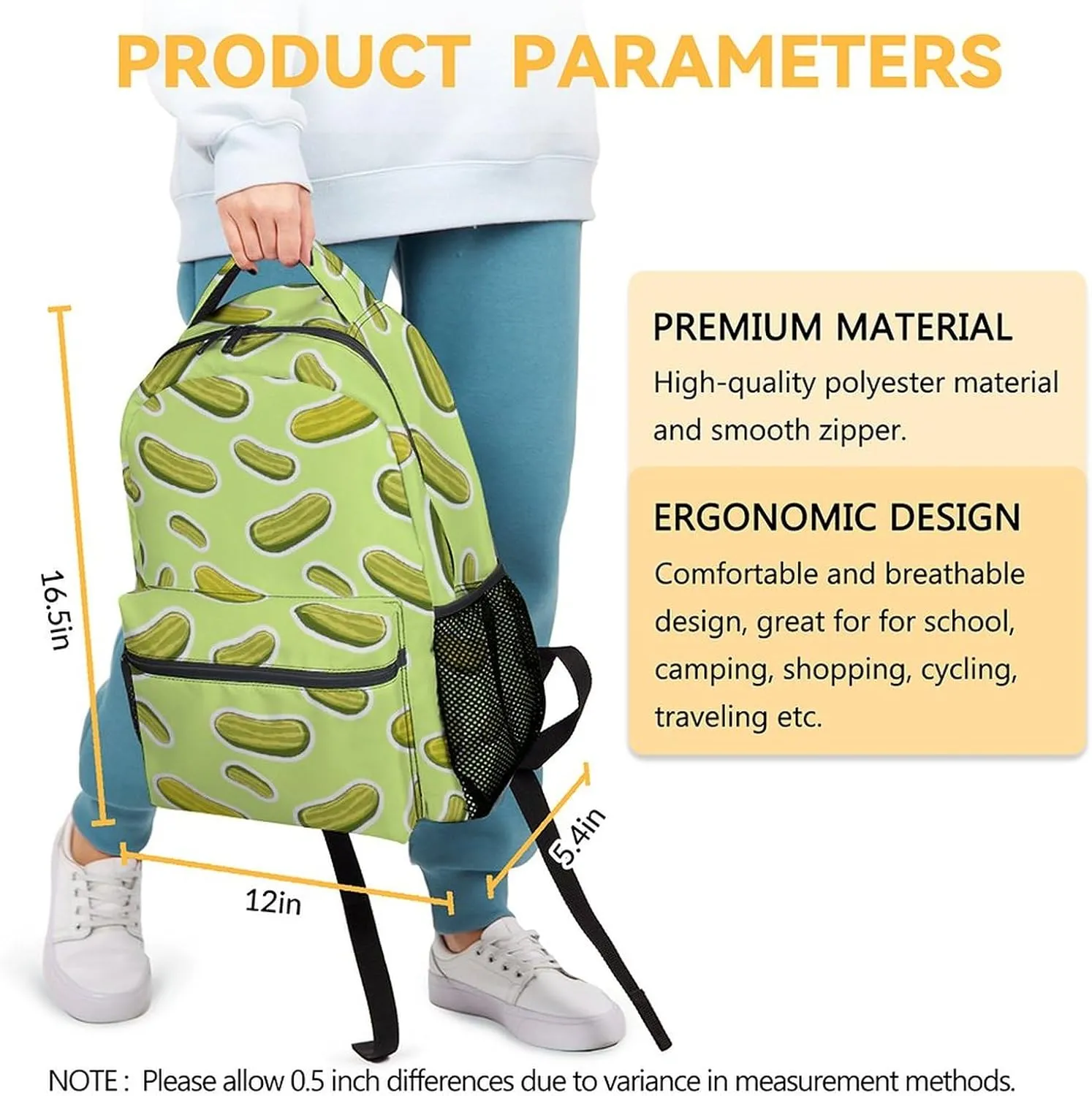 Mercuryelf Pickles Backpack for Girls Boys, 16 Inch Green Backpacks for School Travel, Casual Lightweight Bookbag for Kids