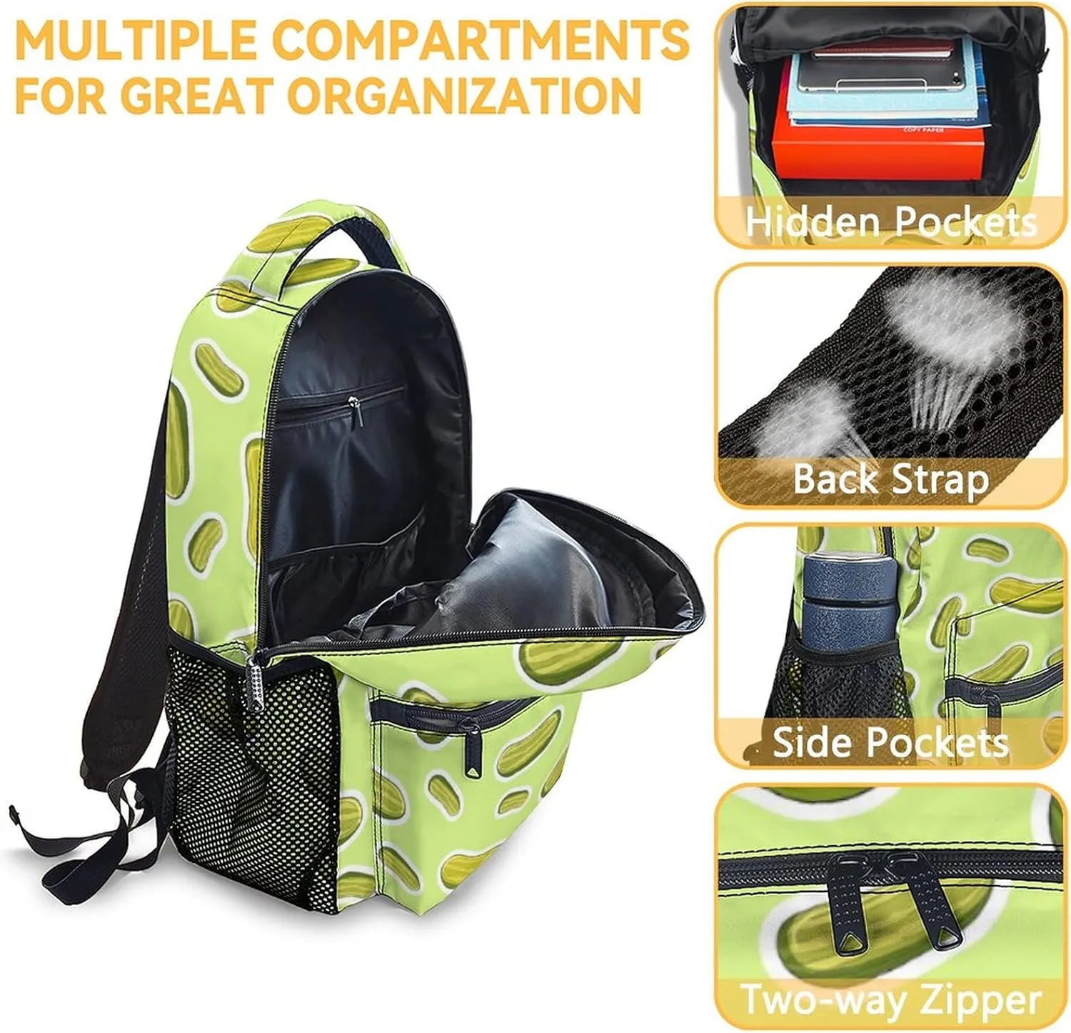 Mercuryelf Pickles Backpack for Girls Boys, 16 Inch Green Backpacks for School Travel, Casual Lightweight Bookbag for Kids