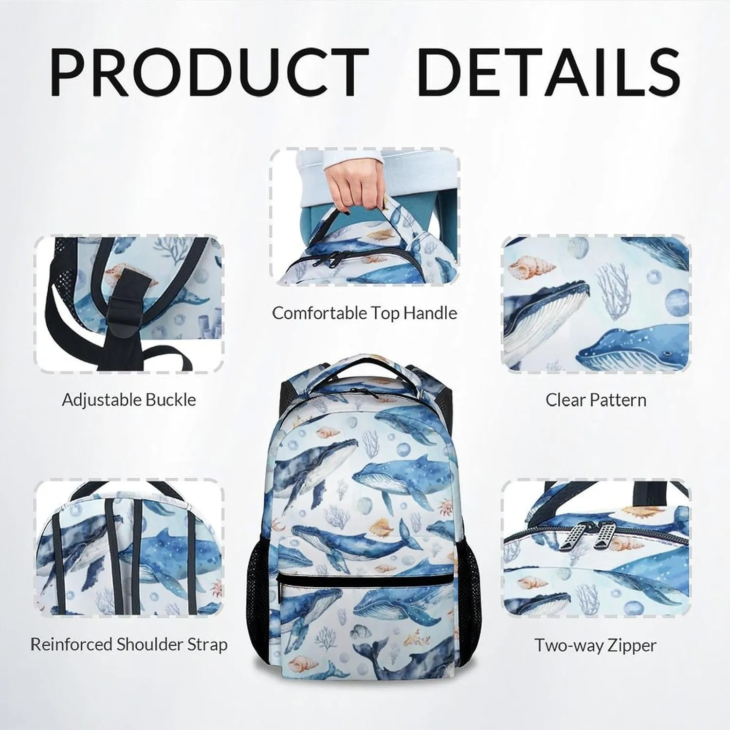 Mercuryelf School Backpack for Boys - 17 Inch Whale Kid Backpack for School, Travel - Cute Sea Bookbag for Teens Kids