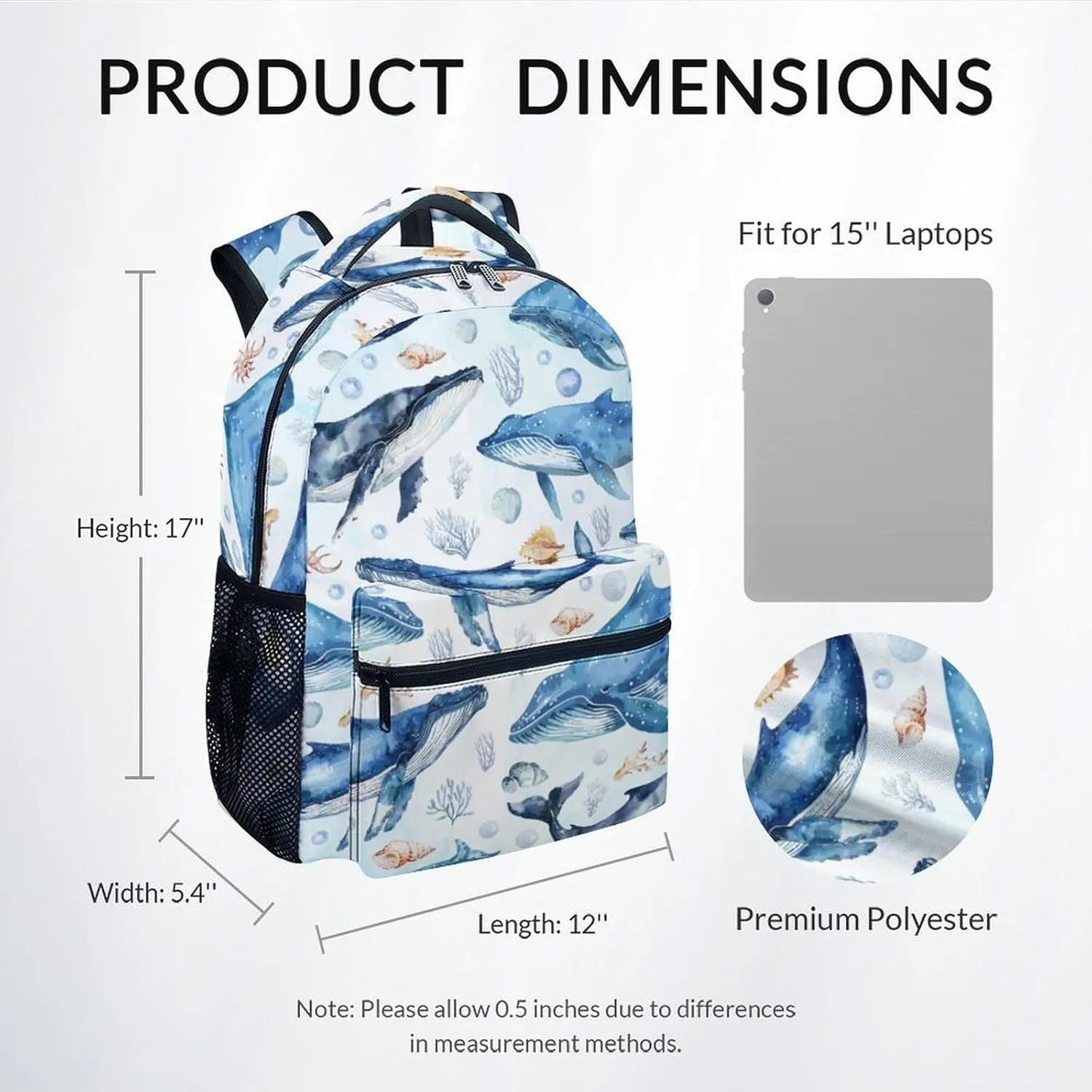Mercuryelf School Backpack for Boys - 17 Inch Whale Kid Backpack for School, Travel - Cute Sea Bookbag for Teens Kids