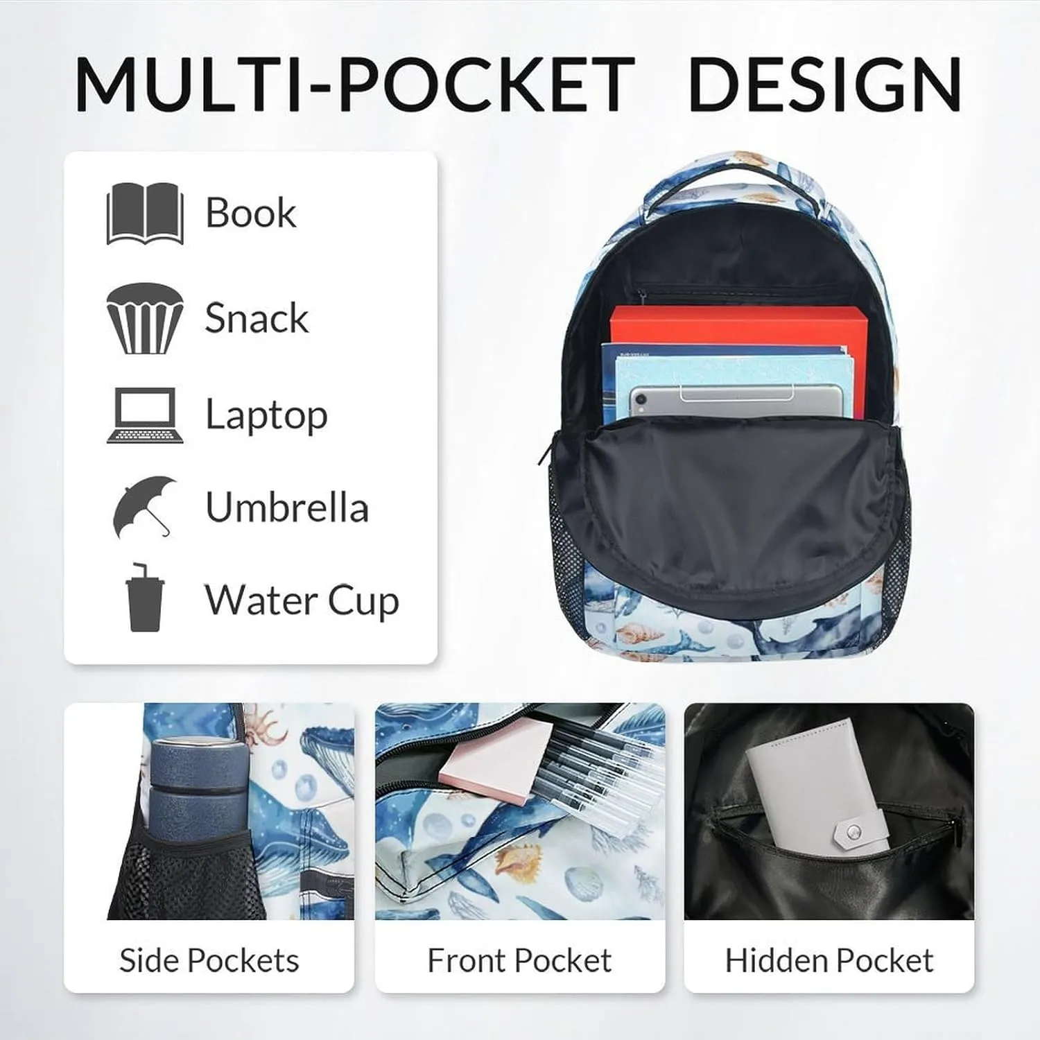 Mercuryelf School Backpack for Boys - 17 Inch Whale Kid Backpack for School, Travel - Cute Sea Bookbag for Teens Kids