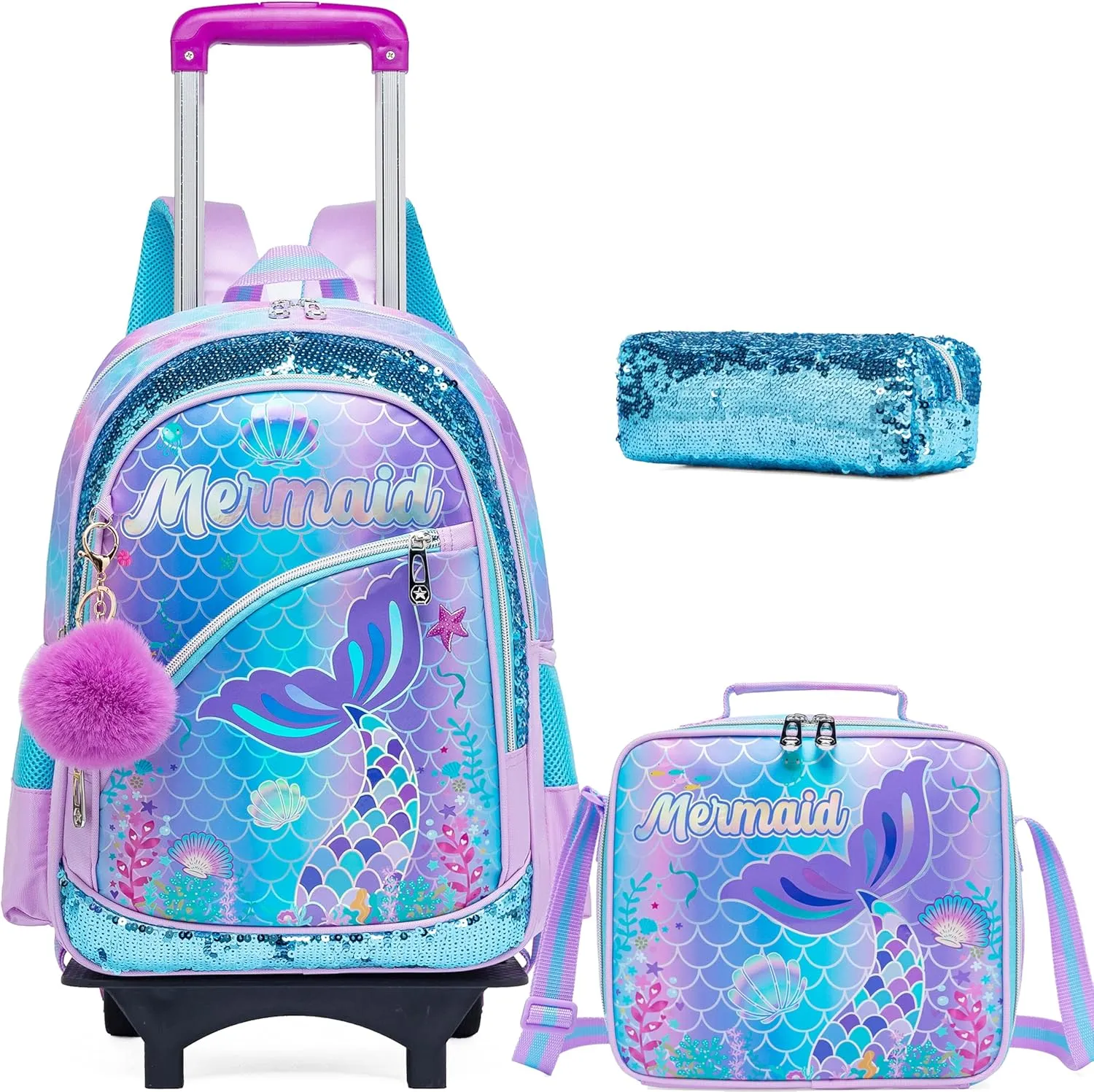 Mermaid Kids Rolling Backpack with Wheels,Cute School Backpack for Girls Roller Bookbags for Elementary Primary Students,Purple Backpacks