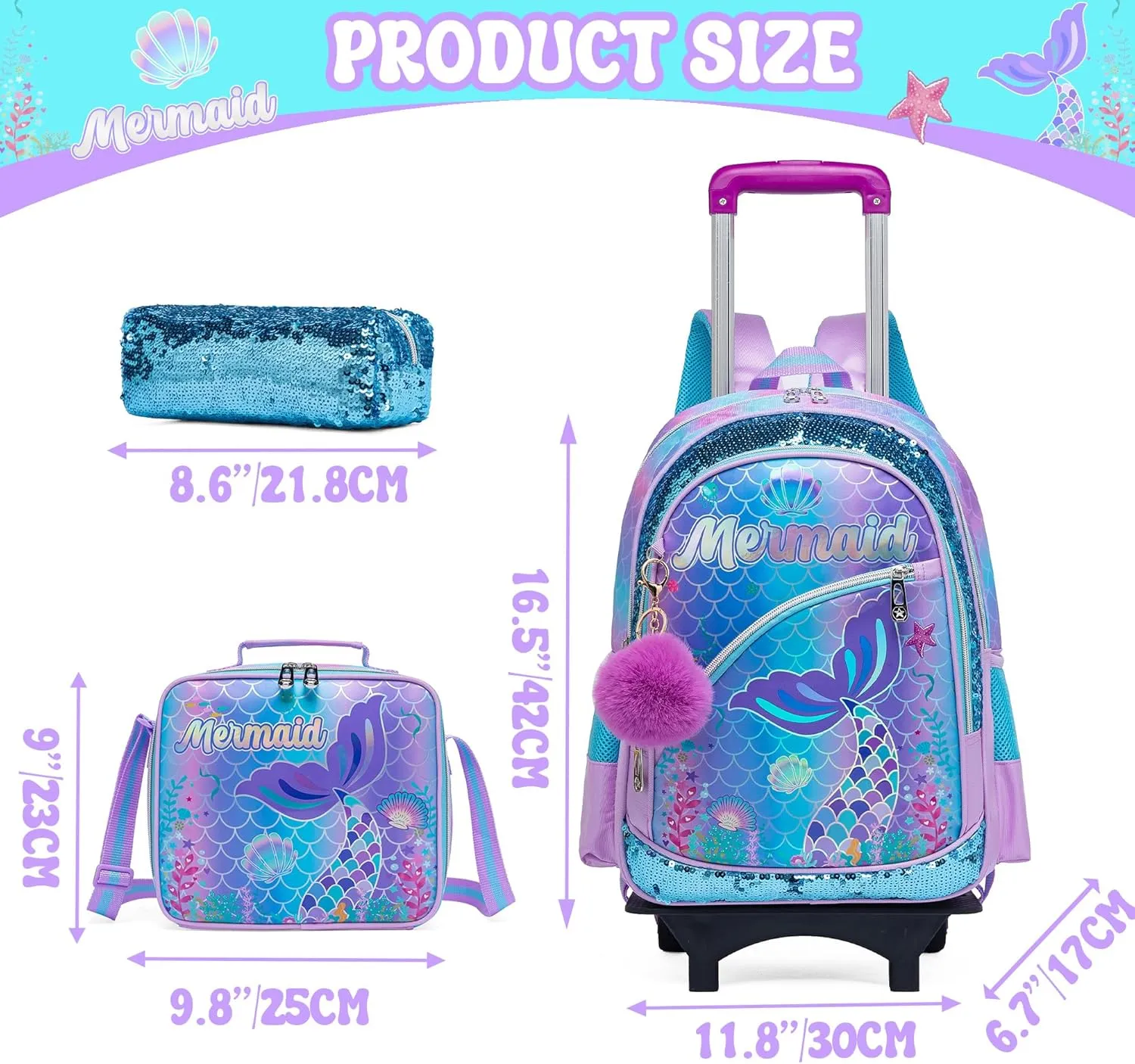 Mermaid Kids Rolling Backpack with Wheels,Cute School Backpack for Girls Roller Bookbags for Elementary Primary Students,Purple Backpacks
