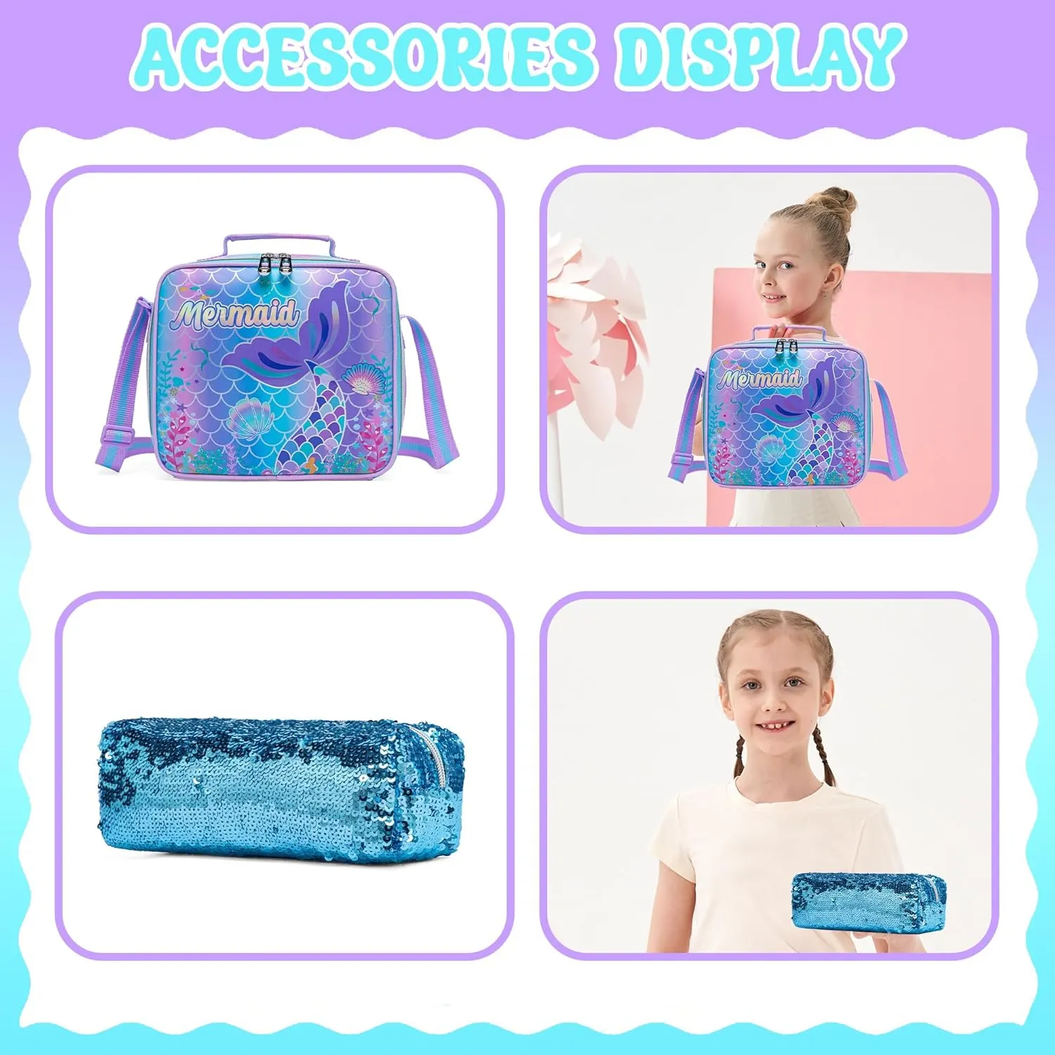 Mermaid Kids Rolling Backpack with Wheels,Cute School Backpack for Girls Roller Bookbags for Elementary Primary Students,Purple Backpacks