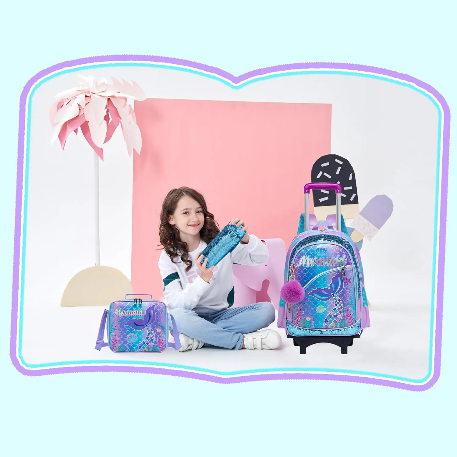 Mermaid Kids Rolling Backpack with Wheels,Cute School Backpack for Girls Roller Bookbags for Elementary Primary Students,Purple Backpacks