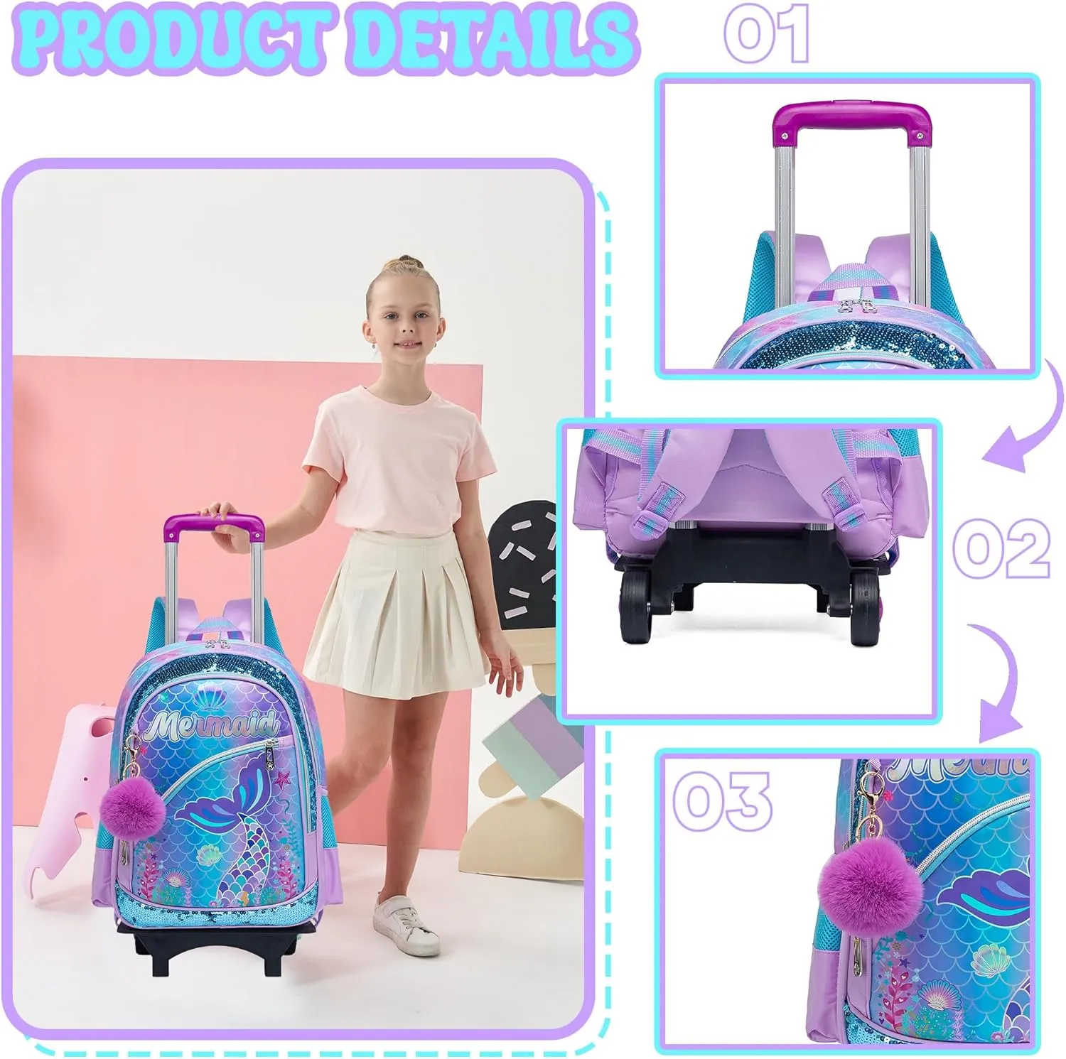 Mermaid Kids Rolling Backpack with Wheels,Cute School Backpack for Girls Roller Bookbags for Elementary Primary Students,Purple Backpacks