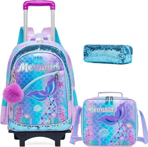 Mermaid Kids Rolling Backpack with Wheels,Cute School Backpack for Girls Roller Bookbags for Elementary Primary Students,Purple Backpacks