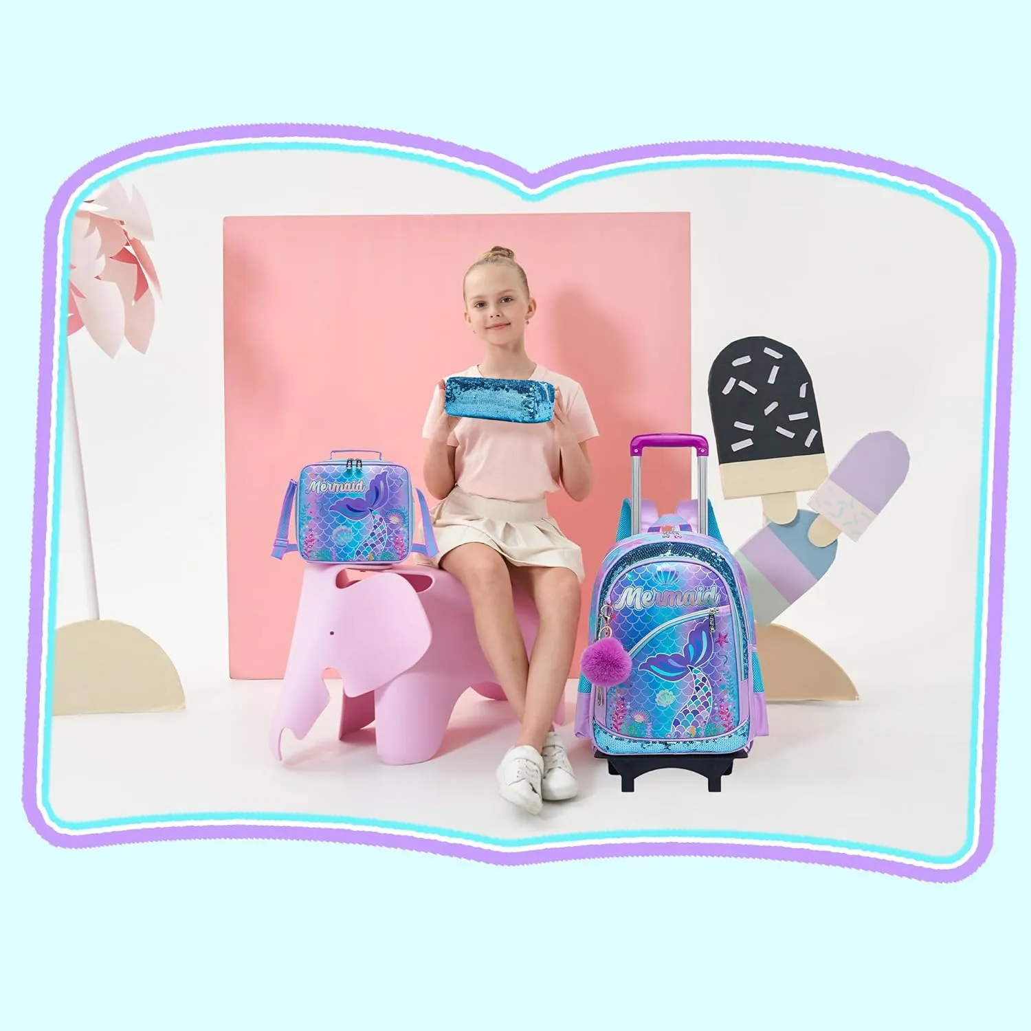 Mermaid Kids Rolling Backpack with Wheels,Cute School Backpack for Girls Roller Bookbags for Elementary Primary Students,Purple Backpacks
